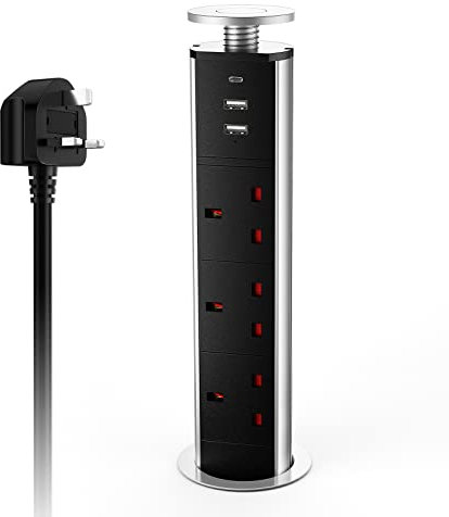 Pull up Power Sockets with USB, Ohuo Desktop Power Socket Extension 3 Way with 1 USB C & 2 USB A for Kitchen Worktops with 1,8m Cable