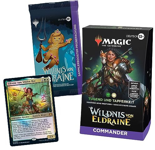 Magic: The Gathering Wildnis von Eldraine Commander-Deck – Tugend und Tapferkeit (Deck mit 100 Karten, Sammler-Booster-Probepackung mit 2 Karten + Zubehör) (Deutsche Version)