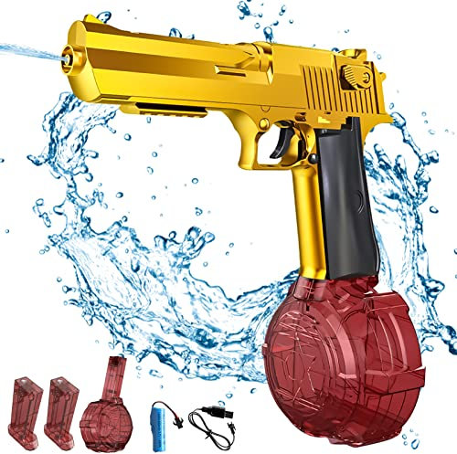 Pistolet a Eau électrique, Pistolet à Eau Automatique, Fortement étanche à l'air, Deux Compartiments à Eau remplaçables, Batterie Rechargeable par USB, pour Jeux d Eau,l'été, Piscine,Plage (Or)