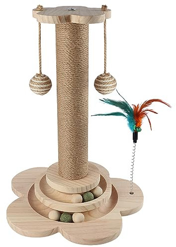 Vefhby Katzenspielzeug 4 in 1 Katzenspielzeug Selbstbeschäftigung, Sisalseil Kratzbaum mit Hängenden Kugeln, Interaktives Katzenspielzeug mit Frühling, Katzenspielzeug Intelligenz Massivholz