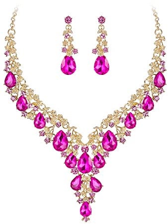 Clearine Wedding Bridal Jewellery Set for Women Teardrop Rhinestone Cluster Statement Necklace Costume Dangle Earrings Fuchsia Hot Pink Gold-Tone