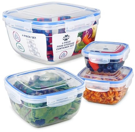 CONNELLIAN Airtight Plastic Food Storage Containers with Lids Square 4 Pc Set BPA Free Meal Prep Containers Lunch Boxes Kitchen Storage