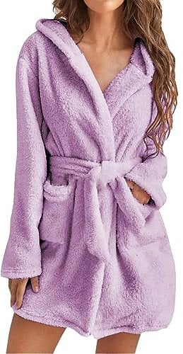 MJGkhiy Accappatoio Donna Corto Con Cappuccio Calda Vestaglia Invernale Pile Con Cerniera e Tasche Morbida Pigiama Kimono Vestaglia Camicia da Notte Fleece Accappatoio Felpa Abbigliamento da Notte