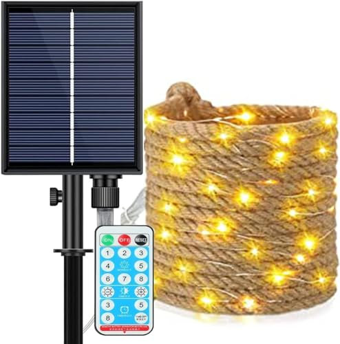 EONANT Solar Hanf Seil Licht Outdoor LED warm weißes Licht wasserdichte Retro Hanf Seil Garten Dekoration mit 8 Modi der Fernbedienung Balkon Hof Innen und Outdoor Märchen Lichter (5M 100LED)