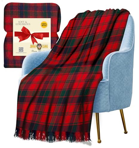 Couvertures luxueuses en laine tartan pour lits et canapés - Grande taille chaude pour l'hiver 187 x 157 cm - Tapis douillet à carreaux écossais - Bords frangés, doux (70% wool, 30% natural fibres)