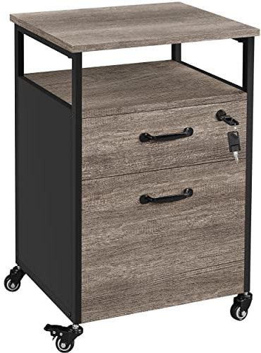 Yaheetech Rollcontainer mit 2 Schubladen, Aktenschrank, offenes Fach, Büroschrank mit Rädern, mobil, Abschließbarer Rollschrank, stabiles Stahlgestell, Industrie-Design Taupe + Schwarz