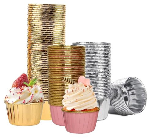 VIVIIHOO 150 pirottini per muffin in carta, impermeabili, resistenti all'olio e antiaderenti. Pirottini per cupcake in foglio di alluminio color oro, argento e rosa. Perfetto per mini muffin