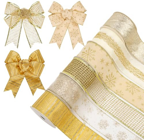 6 Rollen 30 Yard Weihnachten Band Dekorationen Weihnachtsbaumband Geschenkbox Verpackungsband Glitzer Weihnachtsbänder Schleifenband für Geschenk Weihnachtsbaum Dekoration, Sekt