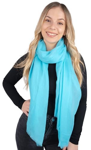 Lolus Eleganter dünner, leichter und weicher Uni Damen Schal mit kurzen Fransen - Alessandra (Türkis)
