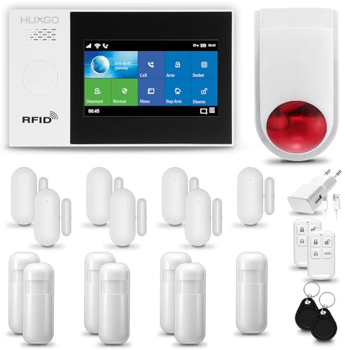 HUXGO® HXA007 Alarmanlage Haus WiFi + GSM 4G LTE mit Funk Sirene | Alarmanlage Wohnung mit App. TUYA | Alarm System mit 7X Bewegungsmelder, 7X Tür- Fenstersensor| Wohnmobil Alarmanlage