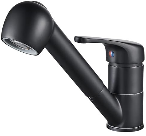 NewEast Pull Out Kitchen Tap Single Lever Low arc Kitchen Sink Mixer Tap 1 Hole Swivel Spout Monobloc Kitchen Spray Taps Matt Black