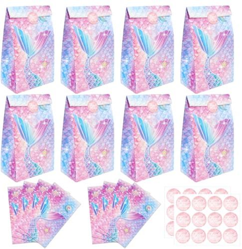 PHOGARY Sacchettini Compleanno Bambini, 24 Sacchetti regalo di carta con motivo a sirena + 24 Adesivi per Feste di Compleanno, Borse per Bambini (Coda di sirena)