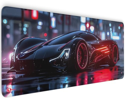 Gaming Mauspad XXL Black Red Car 90x40 cm 4 mm dick rutschfest Deskmat | Mousepad Tastaturunterlage extrem gleitfähige Oberfläche sauberen Rändern scharfem Druck und 4 mm Komfort