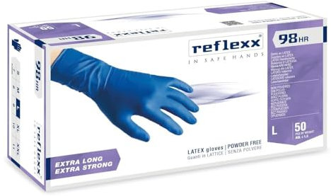 REFLEXX R98 200 500 Guanti in lattice BLU - ALTA RESISTENZA 18,5 GRAMMI - VARIE TAGLIE OFFERTA - POLSO LUNGO HIGH RISK OTTIMO PER IMPRESE DI PULIZIE (200 PEZZI, L)