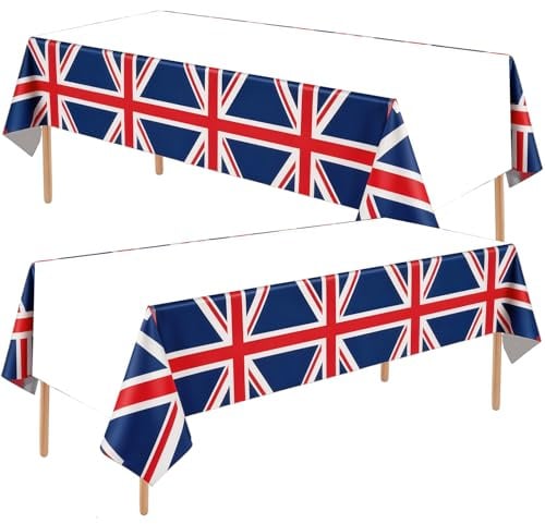 2 Stück 137 * 274 cm Union Jack Tischdecken, VJ Day England Tischtuch Union Jack Party Plastiktischdecke, GB Tischdecke für Straßenfest-Dekoration, Nationale Veranstaltungen König, 80. UK Tischwaren