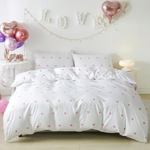 Nyescasa Bettwäsche Herzen 135x200 4teilig Weiß Rosa Herz Bettbezug Weich Mikrofaser Mädchen Kinder Herzmuster Bettwäsche Set mit Reißverschluss und 2 Kissenbezug 80x80cm