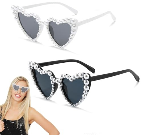 FUIPVGI 2 Stück herzförmige Perlen-Sonnenbrille, Herz-Sonnenbrille, Liebesherz-Brille, Herz-Sonnenbrille, Party, herzförmige Brille für Frauen, Neuheit Sonnenbrille für Strandurlaub