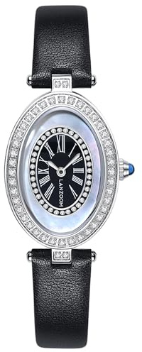 LANZOOM Damen-Quarzuhr, silberfarben, oval, kristallbesetzt, römische Ziffern, schwarzes Innenzifferblatt mit blauem Perlmutt-besetztem Diamant-Außenzifferblatt, schwarzes Lederband, wasserdicht bis 3