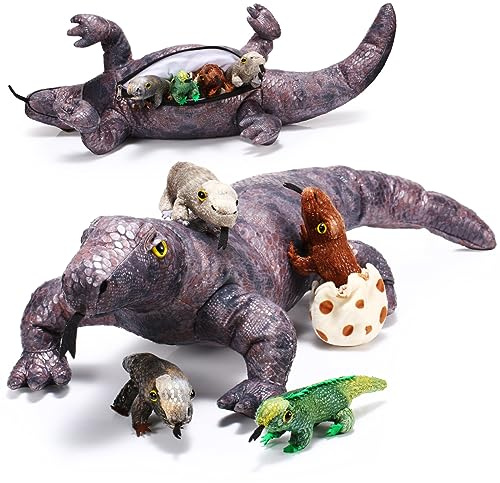 Zomiboo 5 Stücke Komodowaran Eidechsen Plüschtier Set 66 cm Groß Komodowaran Kuscheltier mit 4 Kleine Eidechse Stofftier Realistisch Plüschtier für Jungen Mädchen Geburtstag Weihnachts Partygeschenk
