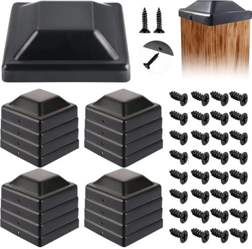 Guiran 16er Pack schwarze Kunststoff Pfostenkappen 9x9 cm – Wetterfeste quadratische Abdeckkappen inkl. Montageschrauben