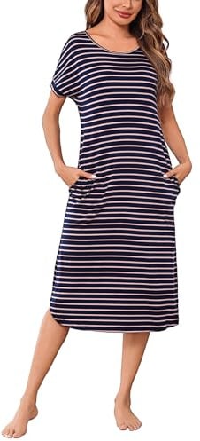 Litherday Chemise de Nuit Femme Longues Coton Robe de Nuit Col Rond | Manches Courtes Nuisette avec Poches Rayé Vêtement de Nuit