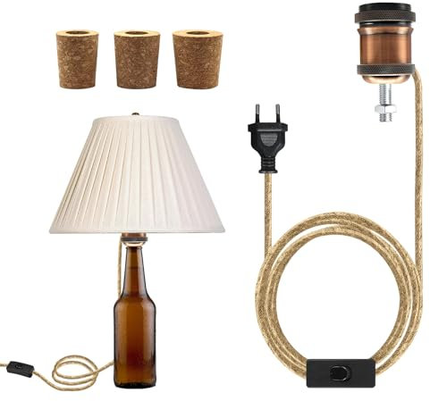 Kit Lampada Per Bottiglia di Vino Con 3 Tappi di Sughero,DIY Lampada da Tavolo Con Bottiglia di Vino,Adattatore Portalampada E27 Per Bottiglia Lampada di Vino,lampada bottiglia con spina interruttore