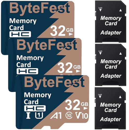 ByteFest 3 Pack 32GB MicroSD Card with 3 Adapter, UHS-I U1 High Speed TF Card, A1 C10 V10 FHD Video, 80MB/s, Micro SDHC Flash Memory Card for MP3 MP4 Player/Camera/Android Phones/Tablets/Dash Cams