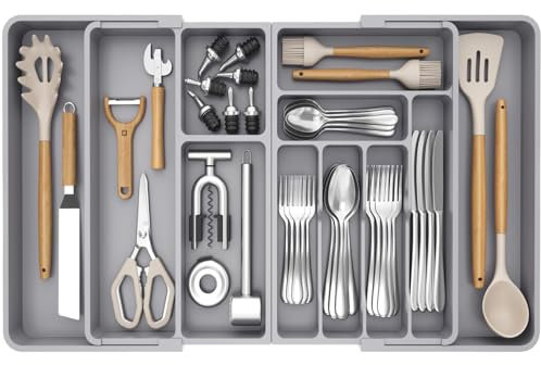 Lifewit Grande Organizador Cubiertos para Cajon, Plástico Bandeja Utensilios de Armario Cocina, Extensible de 54.1cm a 91.4cm, Separador de Cuchara Tenedor Cuchillo Pala Herramientas Pequeñas, Blanco