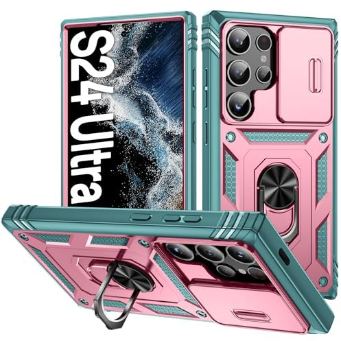 AFARER Hülle für s24 Ultra, Kameraschutz Rüstung Duale Schichte Gehäuse mit 360 Grad Ring Ständer und magnetisches Eisenblech Handyhülle Kompatibel mit Samsung Galaxy s24 Ultra 6.8- Pink Grün