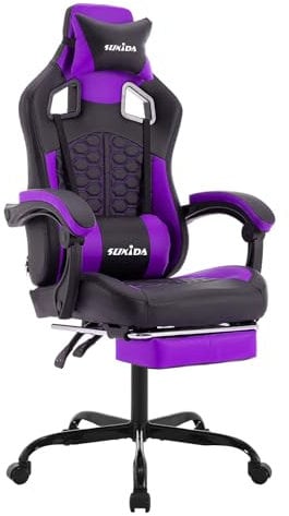 SUKIDA Gaming Stuhl, Ergonomischer Gaming-Stuhl mit Fußstütze, Racing Gaming Chair Kopfstütze Verstellbarer Computerstuhl Höhenverstellbar Lendenwirbelstütze für Homeoffice und Gaming Lila