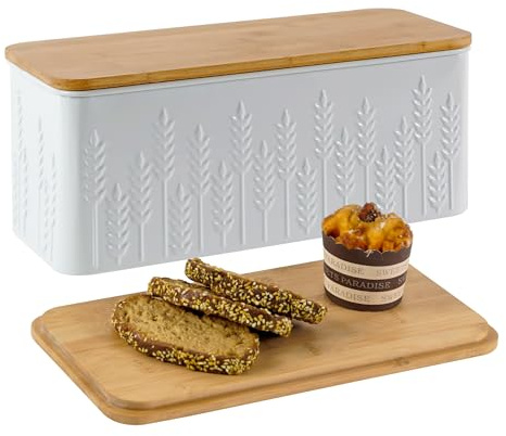 HOME PALETTE Large Bread Box for Kitchen Countertop Corner Breadbox for Homemade Bread Metal White Ear of Wheat Pattern Embossed Bread Storage Container Bin with Bamboo Lid