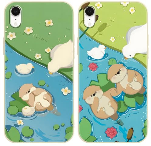 Phoona 2 Packs Duck Otter Pattern Phone Case for iPhone XR 6,1, Cute Aesthetic Design Print Funda with TPU Slim Liquid Silicone Protection Shockproof Soft Cover for Women Girls