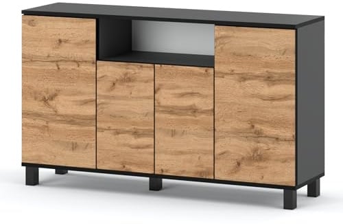 MRBLS_HOME Skandinavische Kommode - Sideboard Holz 140x80x35 cm (B/H/T) für Wohnzimmer, Flur oder als Kommode Schlafzimmer - Minimalistisches Design - Hohe Qualität (Grau Matt - Wotan)
