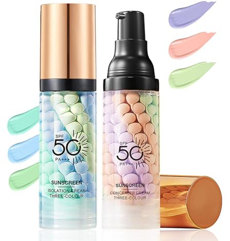 Primer Makeup Base Color Corrector Gesicht SPF 50, Ölkontrollierende & feuchtigkeitsspendende Drei Farben Primer Makeup, 3-in-1 Farbkorrektur Foundation zur Oil-control & Invisible Pore (2 Stück)