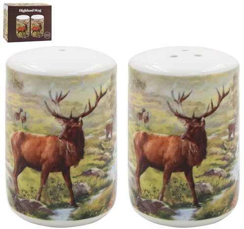The Leonardo Collection Stag Salt & Pepper by Macneil Studios | Porcelain Shaker Set with Stag Illustration | Rustic Wildlife Design | Elegant Farmhouse Style | Kitchen Tableware