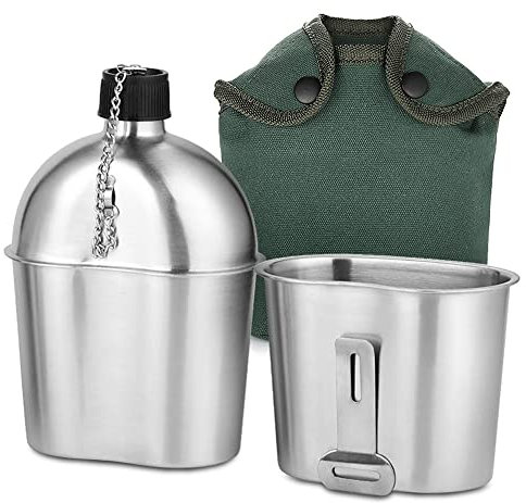 Ejoyous 2er-Set Edelstahl Militärkantine, Militär Feldflasche Camping Wasserflasche Lunchbox Set für Outdoor-Camping Wandern und Rucksackreisen mit 600 ml Becher