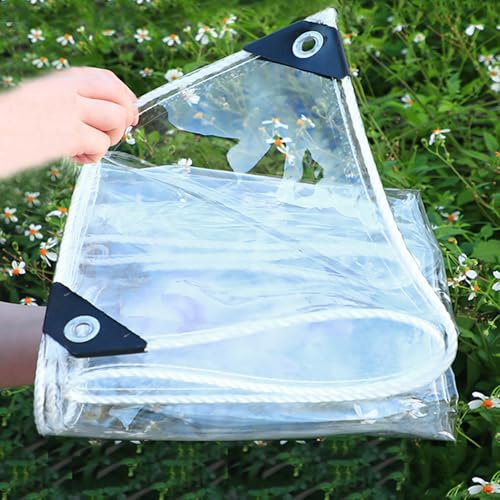 Lona transparente de alta resistencia, lona transparente impermeable de 0,35 mm, cubierta de PVC antidesgarros para uso en jardín y exteriores, resistente a la lluvia y al viento con ojales, tamaño