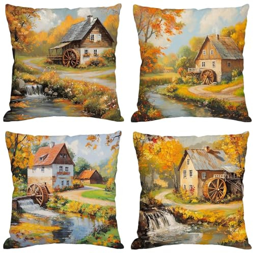 Outdoor Kissen Herbst Kissenbezug 35x35 cm Landhausstil Sofakissen Outdoor Kissen Wetterfest Leinen Kissenbezug 4er Set Doppelseitiger Gedruckte Kissenhüllen für Deko Garten Terrasse Sofa Patio s-572