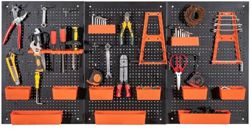 COSTWAY 120 x 60cm Pegboard Organizer Kit, Wall Mounted Tool Rack with 3 Pegboards & Hanging Accessories, Garage Tool Storage Peg Board for DIY Workshop Craft Room (Black + Orange, 26 PCS Accessories)