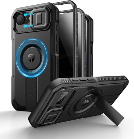 Dexnor Kompatibel mit iPhone 17e & iPhone 16e Hülle mit Schiebekamera Abdeckung & Verstellbarem Kickstand & Privacy Screen Protector, Robuste Stoßfänger Hülle Heavy-Duty Mangetic Schutzhülle - Schwarz