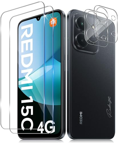 Funrae Schutzfolie für Panzerglas für Xiaomi Redmi 15C 15 C 4G/5G | 2 PCS Displayschutzfolie & 2 PCS Kameraschutz, 9H Härte Blasenfrei Ultra-Klar Schutzglas Anti-Kratzen Kamera Folie