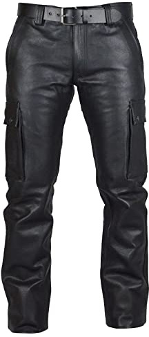 Generisch Pantalones de cuero negro para hombre, largos de piel sintética, pantalones elásticos de motorista, piel de búfalo, con múltiples bolsillos, pantalones cargo en piel de nubuck, pantalones