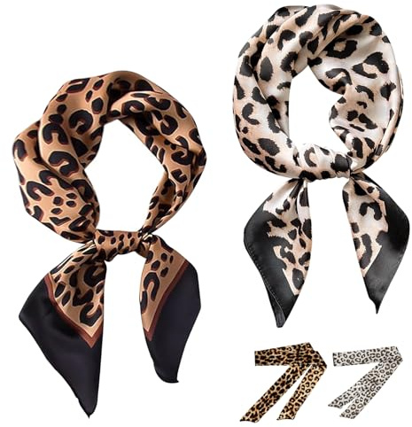 FOSDICK 4 Stück Leopardenmuster Schal Damen, Retro Halstuch Damen Quadratisch, Seidentuch 70x70cm, Satin Kopftuch, Modisch Leopardenmuster Bandana und Langer Seidenschal, Geschenke für Frauen