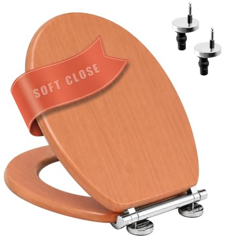 Premium Wooden 18 Dark Pine Soft Close Toilet Seat Quick Release Oval Fit | One-Button Quick Release, Chrome Hinges, Anti-Slam, MDF Build, Adjustable Fixings, Bumpers Included