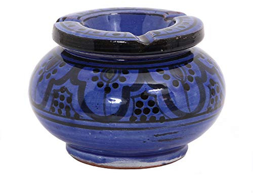 Marokkanischer Keramik Aschenbecher Blau mit Deckel Ø 12cm Windaschenbecher handbemalt & handgetöpfert Kunsthandwerk aus Marrakesch KE5003