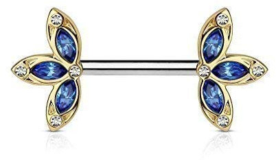 Tapsi´s Coolbodyart® Brustpiercing Edelstahl Chirurgenstahl 316L Gold,Kristall, Blume Blau