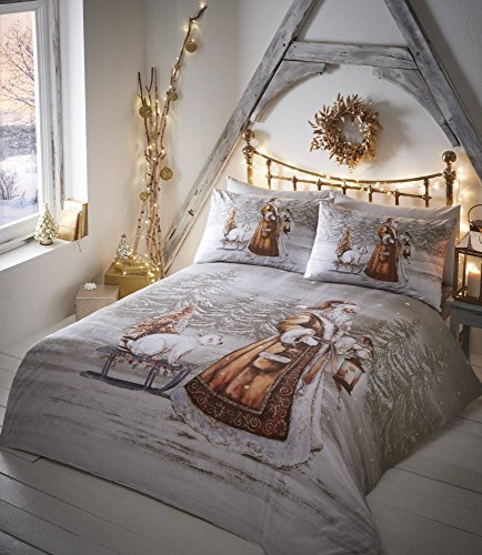 Twilight Santa Christmas Duvet Cover and 2 Pillowcase Set, Beige, Super-King,Blue