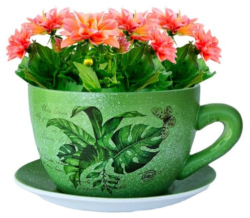 hadaaya 7.4 Inch Round Green-Palm Leaves Ceramic Teacup Planter Pot with Drainage Hole & Saucer for Succulent Orchid Herbs Cactus Indoor Plants