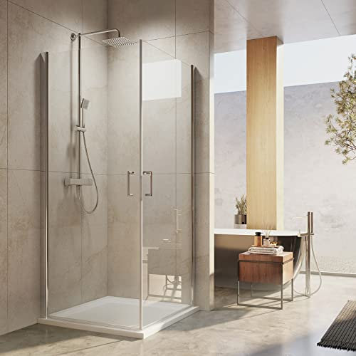 EMKE Eckeinstieg Duschkabine 80x80cm Duschabtrennung Glas Doppelt Schwingtür Duschtür Nische Pendeltür Duschwand für Dusche Duschkabinen Dusche Falttür 195cm