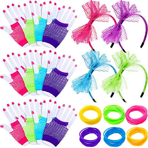 144 Stücke Neon Jelly Armbänder, 12 Paar Neon Handschuhe Fingerlose Fischnetz Handgelenk Handschuhe und 4 Stück 80 Jahre Spitze Stirnband für 80 Jahre Thema Party Geburtstag Party Gefallen